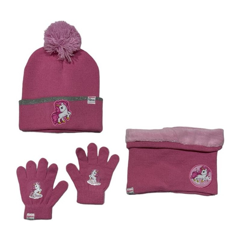 Set 3 pièces Bonnet + Snood + gants Licorne Set 3 pièces Bonnet + Snood + gants Licorne